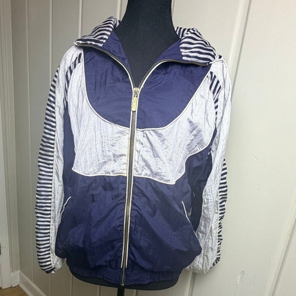 Fuzda Sport Vintage 90s Colorblock Windbreaker Jacket Navy Silver Striped XL